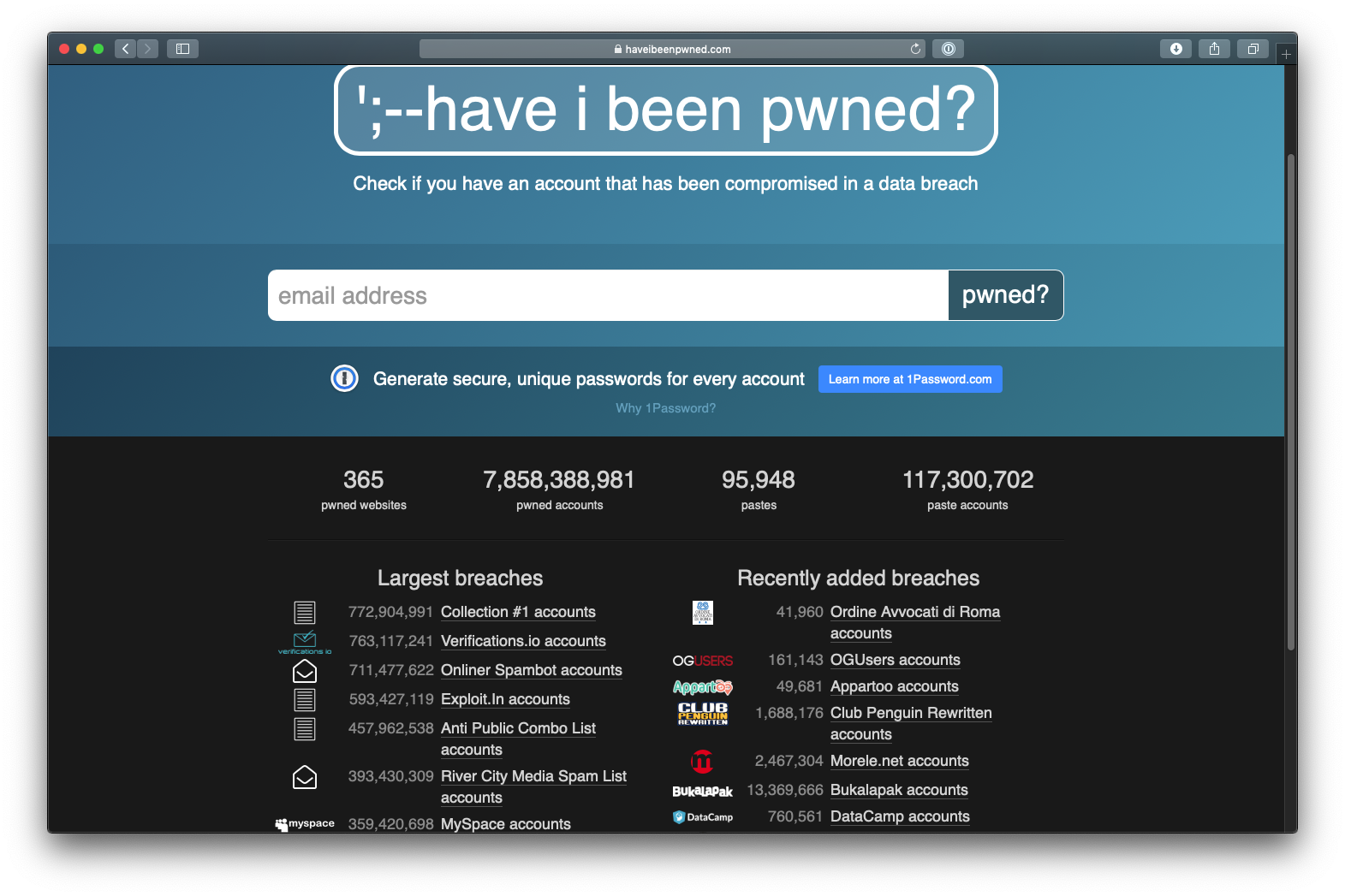 Screenshot of https://haveibeenpawned.io